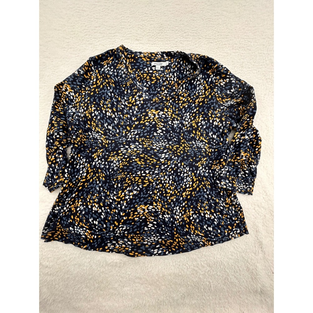 Chico's Women XL Navy Blue Yellow Abstract Dot Pima Cotton 3/4 Sleeve V-Neck Top